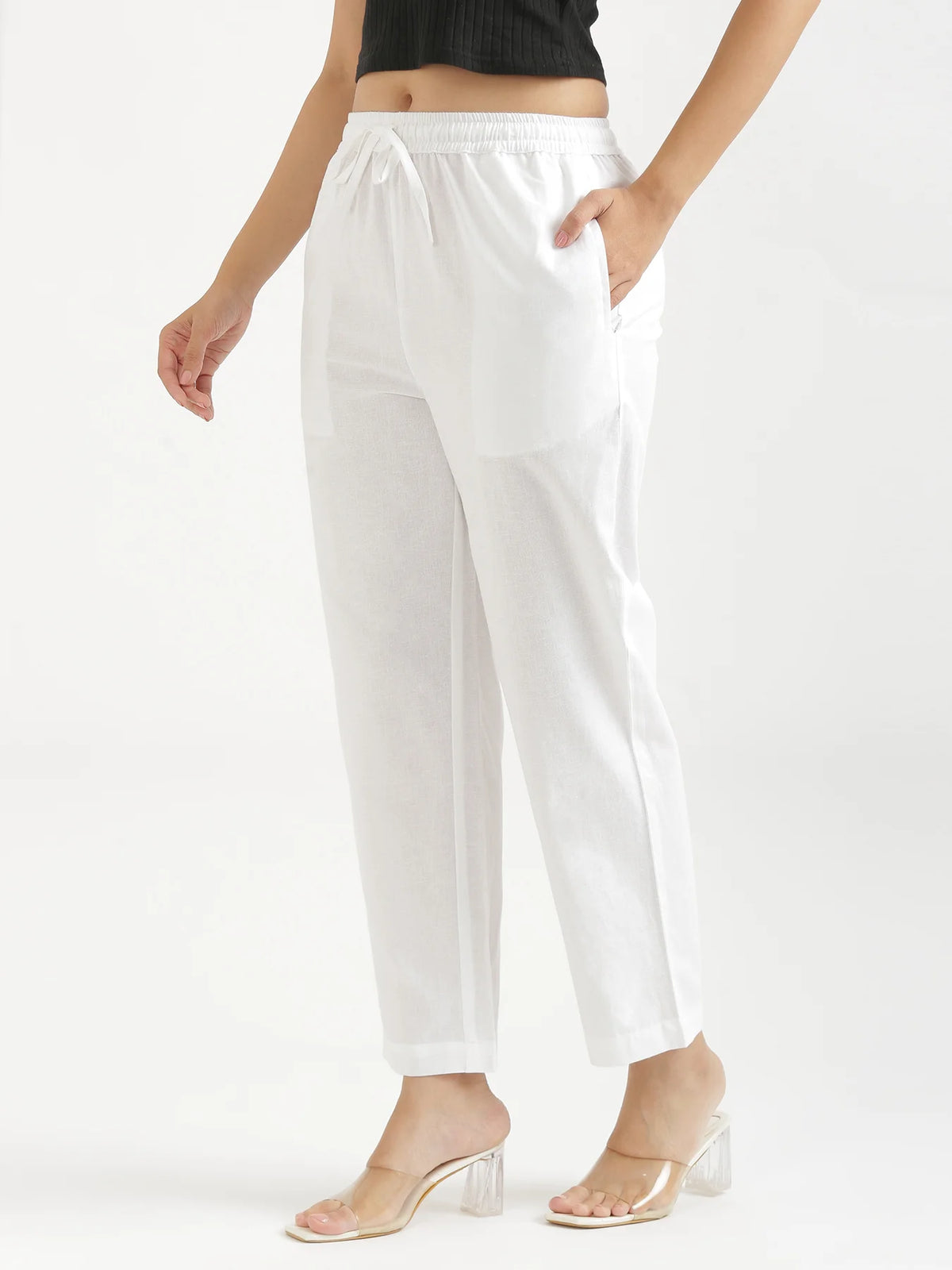Women White Airy Linen Relaxed Straight Pant