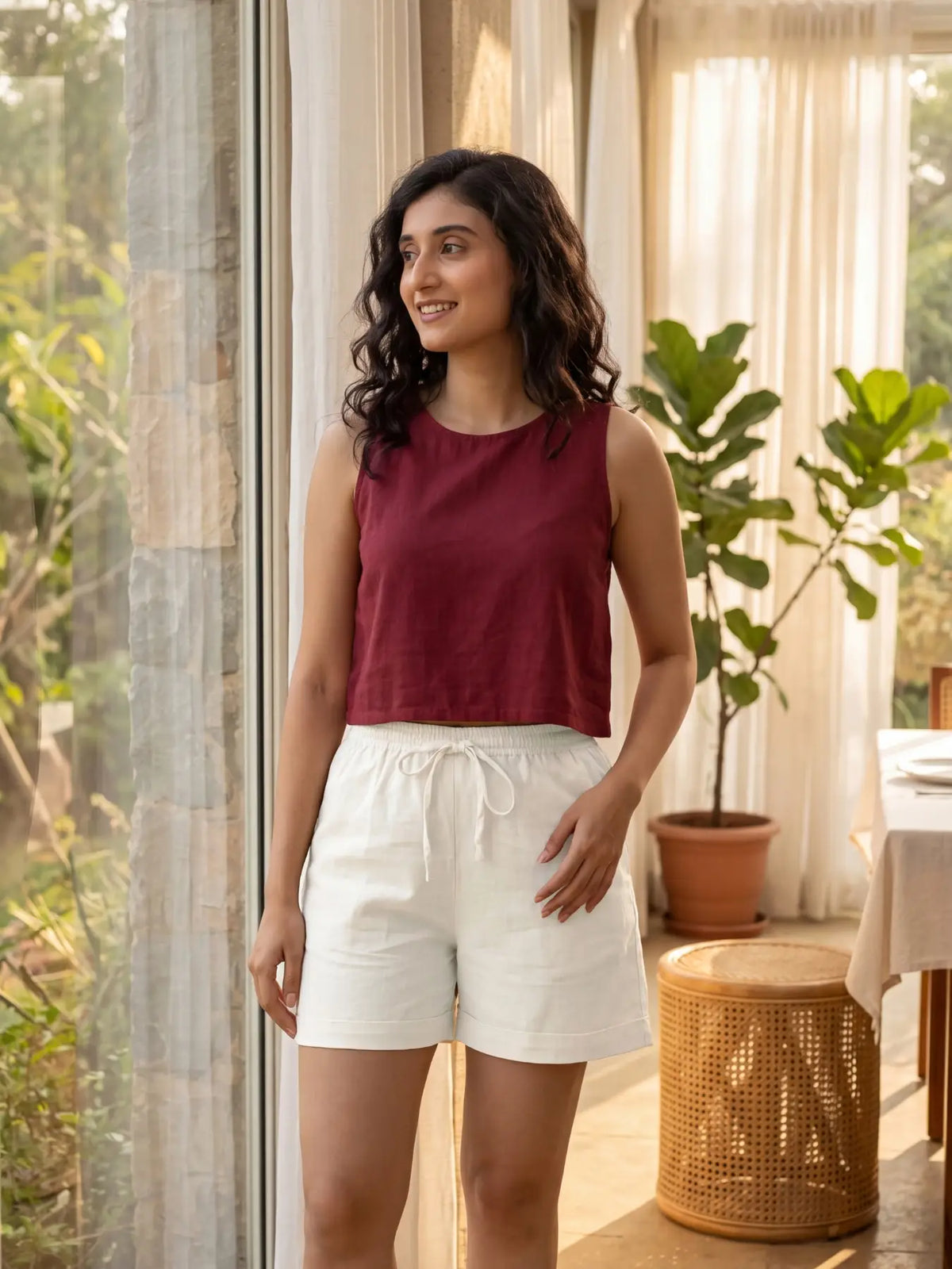 Women Ecru Airy Linen Shorts