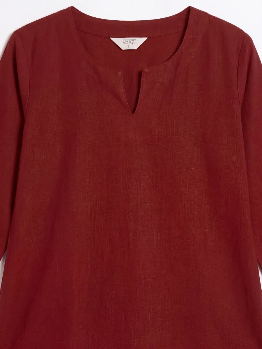 Women Maroon Airy Linen Split Neck Short Kurta