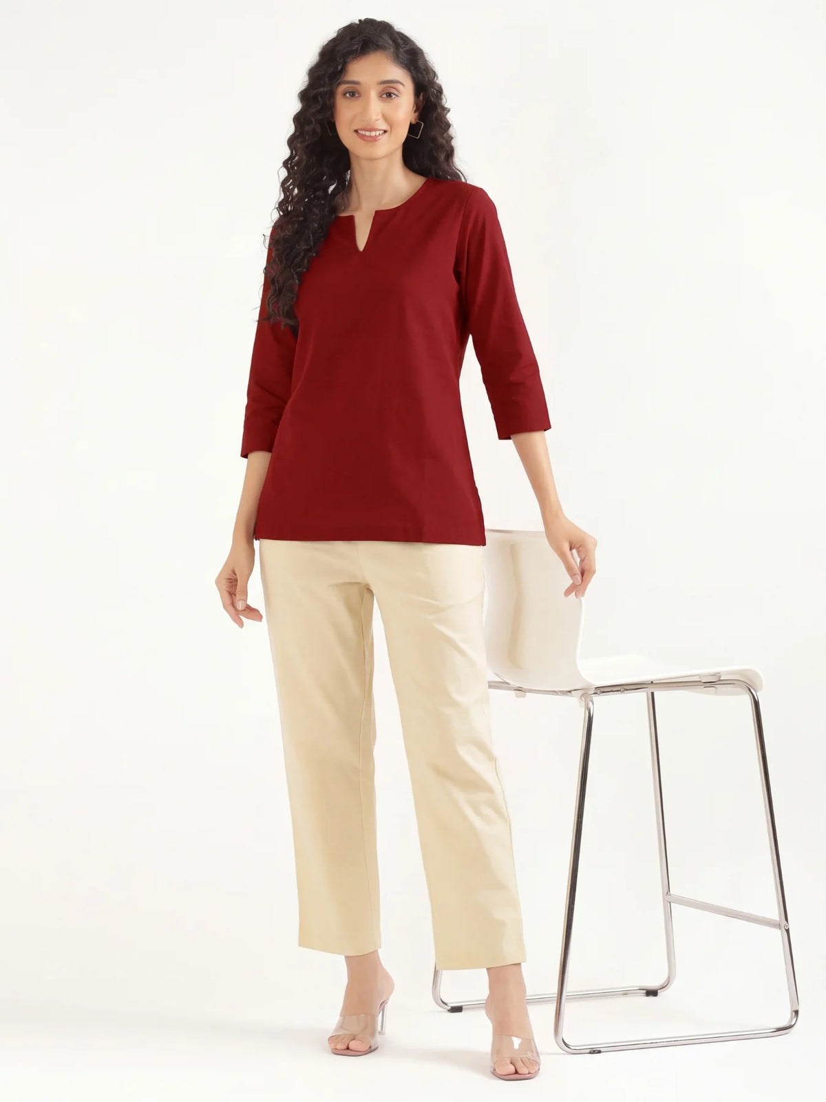 Women Maroon Airy Linen Split Neck Short Kurta
