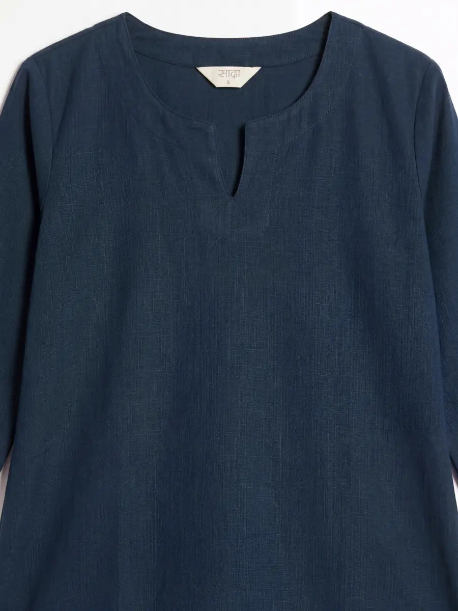 Women Navy Blue Airy Linen Split Neck Short Kurta