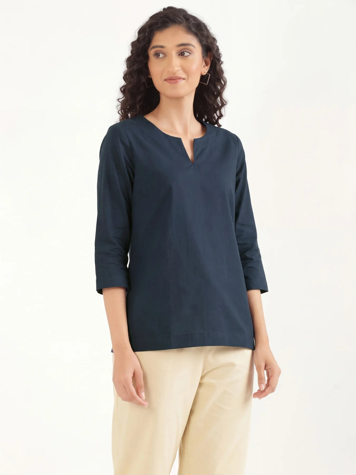 Women Navy Blue Airy Linen Split Neck Short Kurta