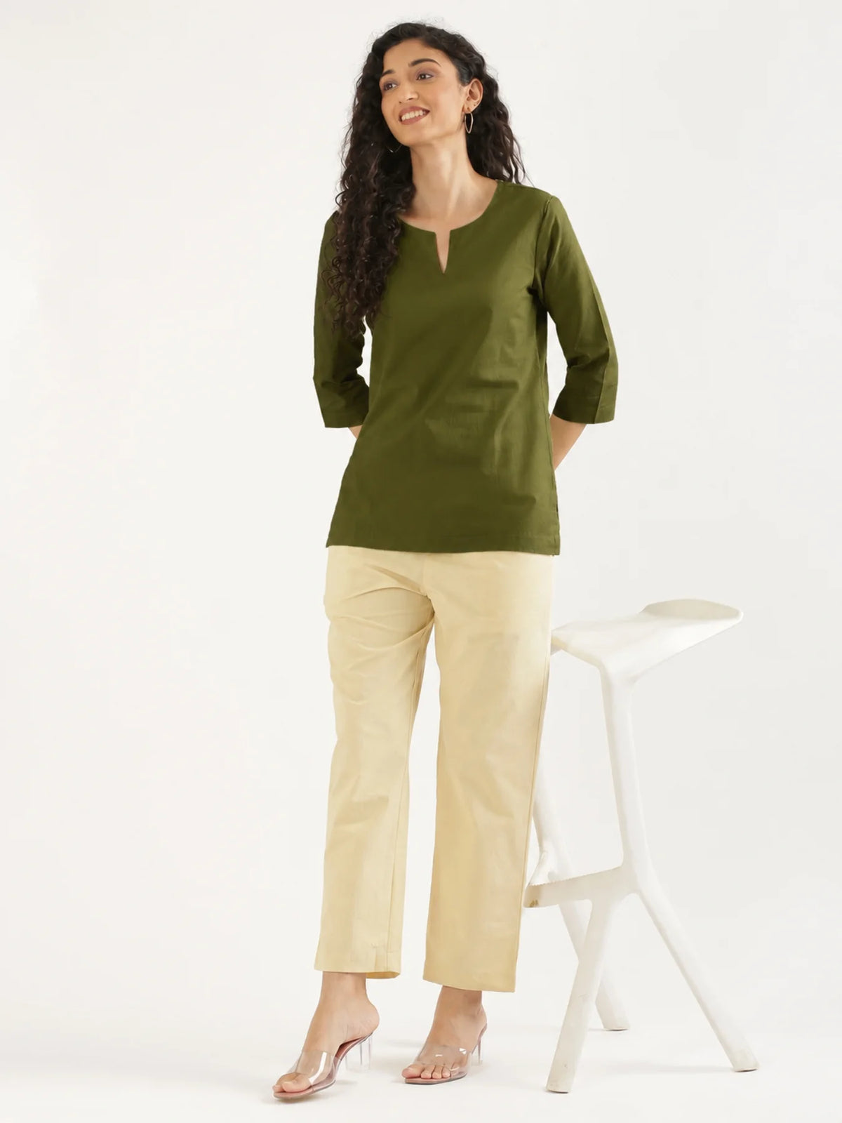 Women Olive Green Airy Linen Split Neck Short Kurta