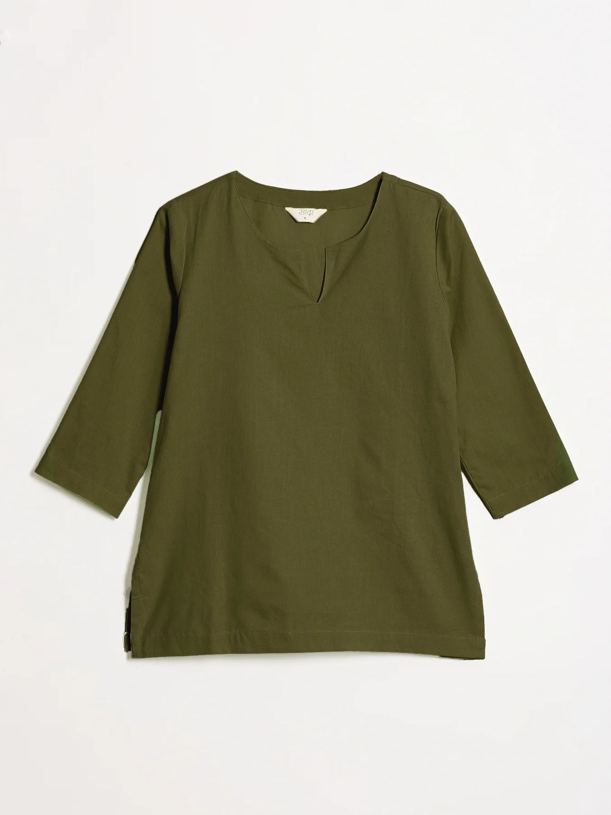 Women Olive Green Airy Linen Split Neck Short Kurta