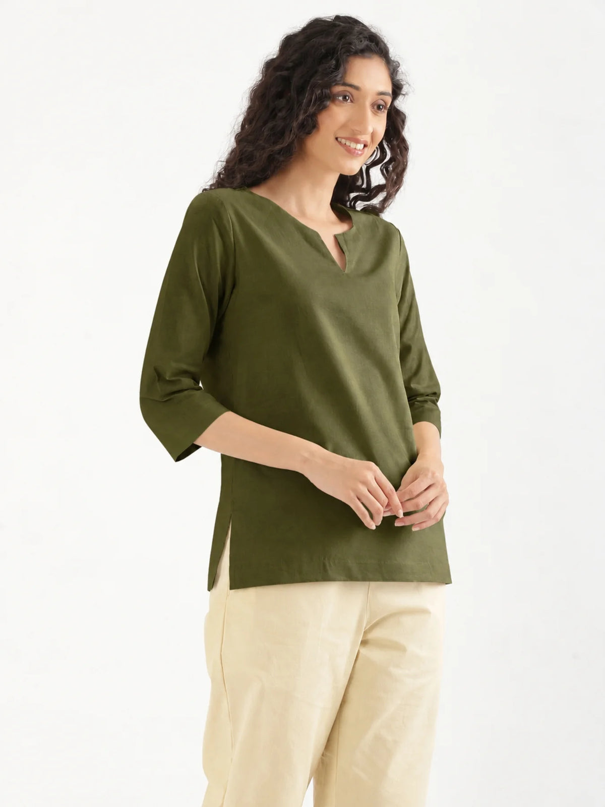 Women Olive Green Airy Linen Split Neck Short Kurta