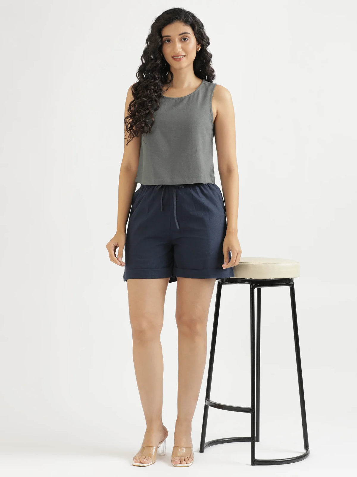Women Navy Blue Airy Linen Shorts