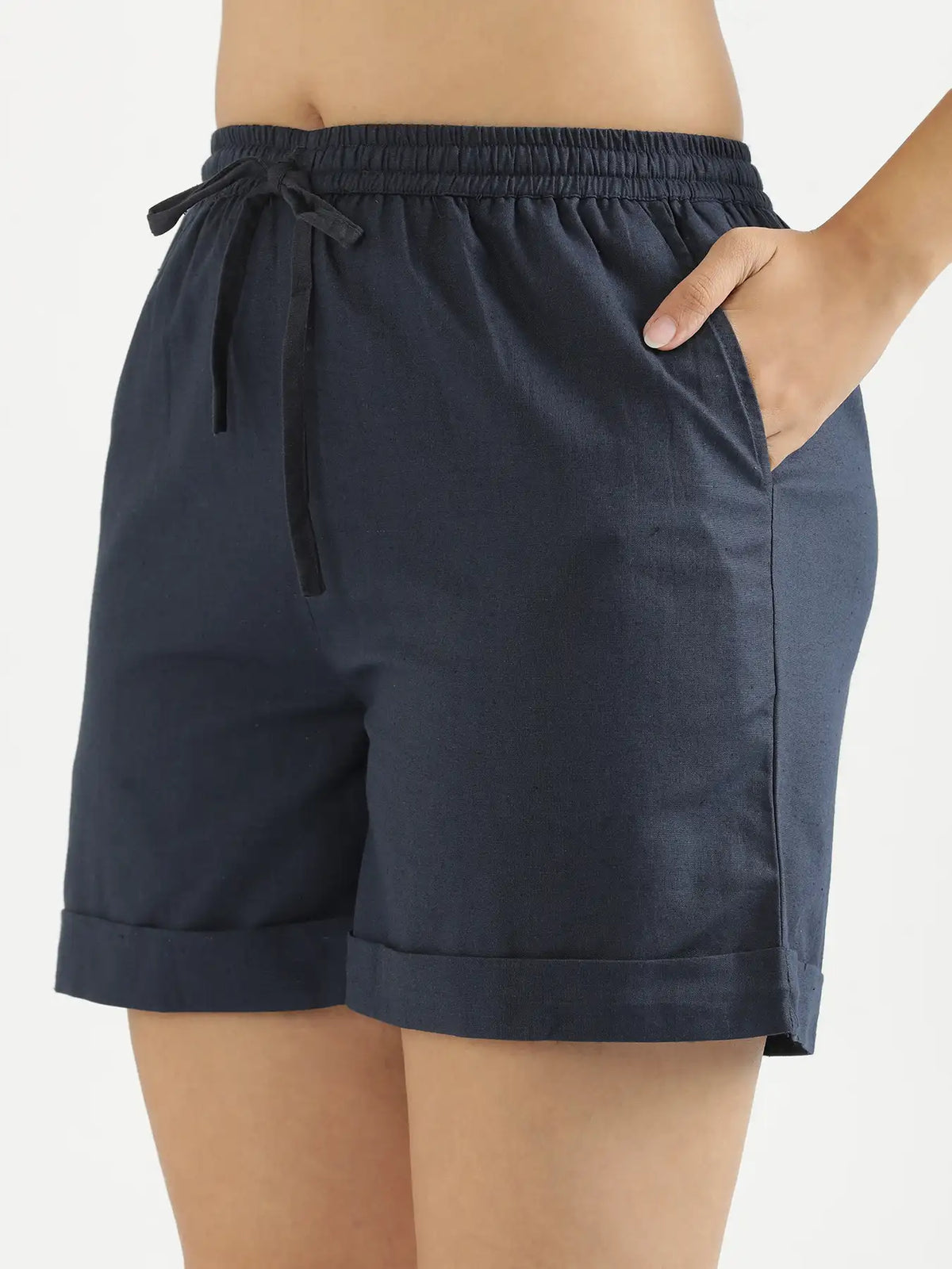 Women Navy Blue Airy Linen Shorts