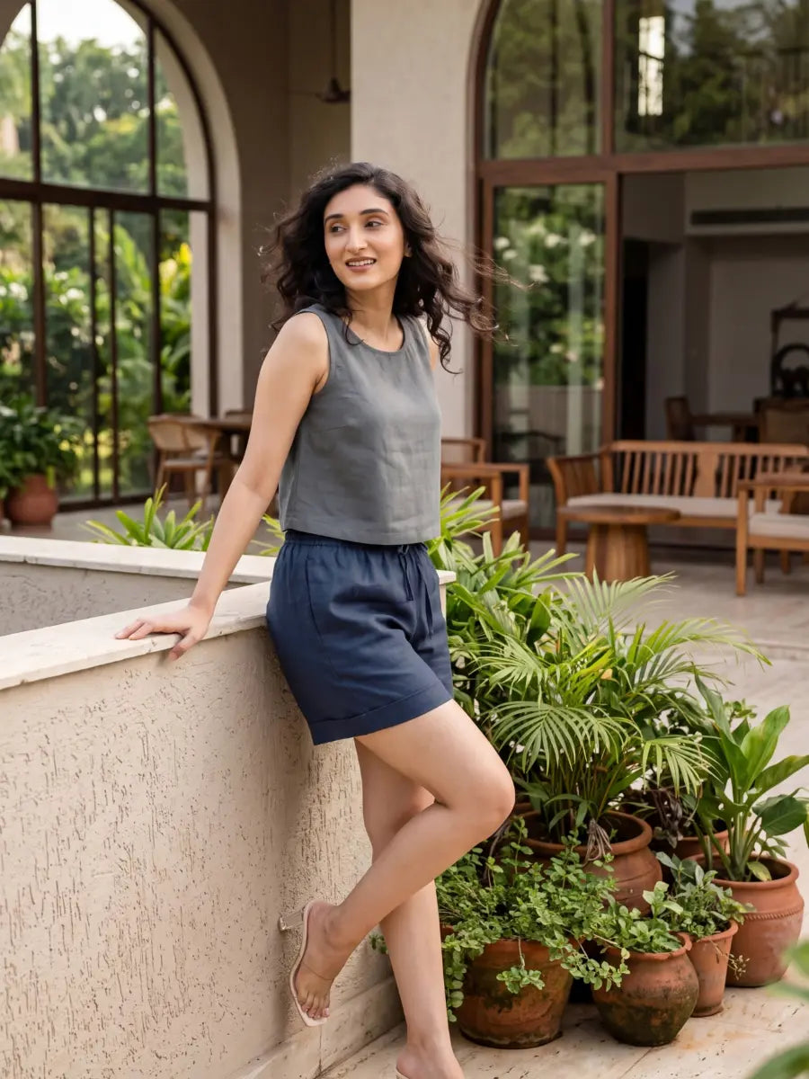 Women Navy Blue Airy Linen Shorts