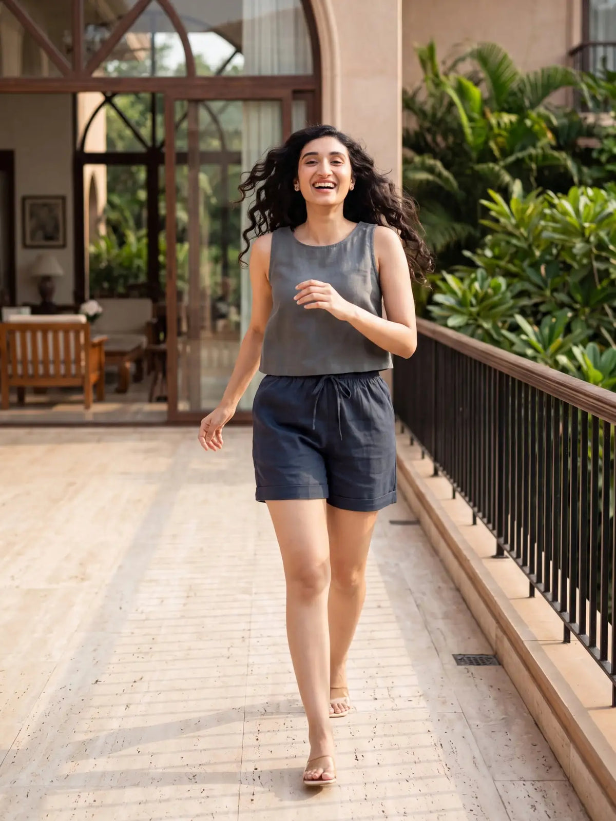 Women Navy Blue Airy Linen Shorts