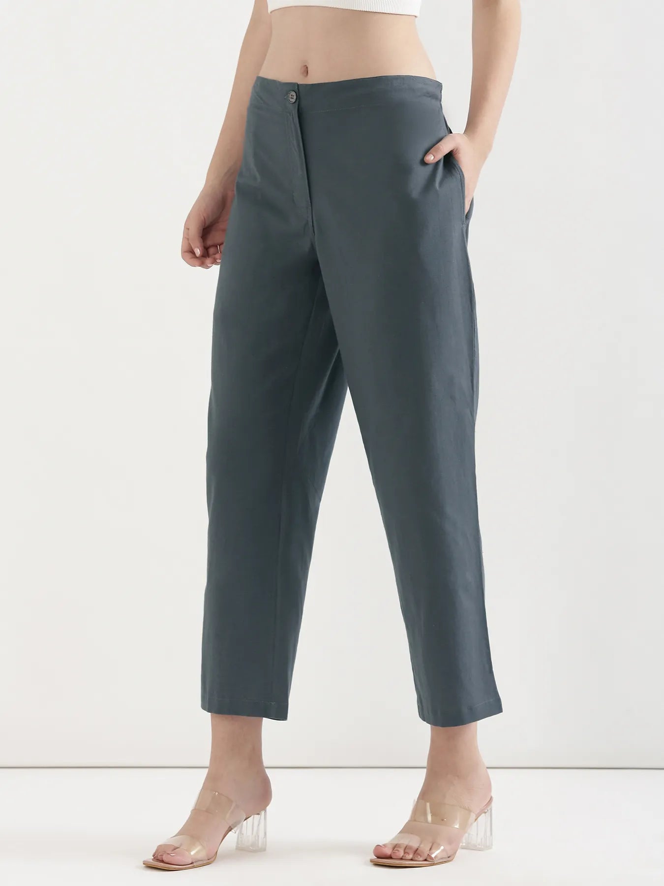 Women German Grey Airy Linen Straight Pants