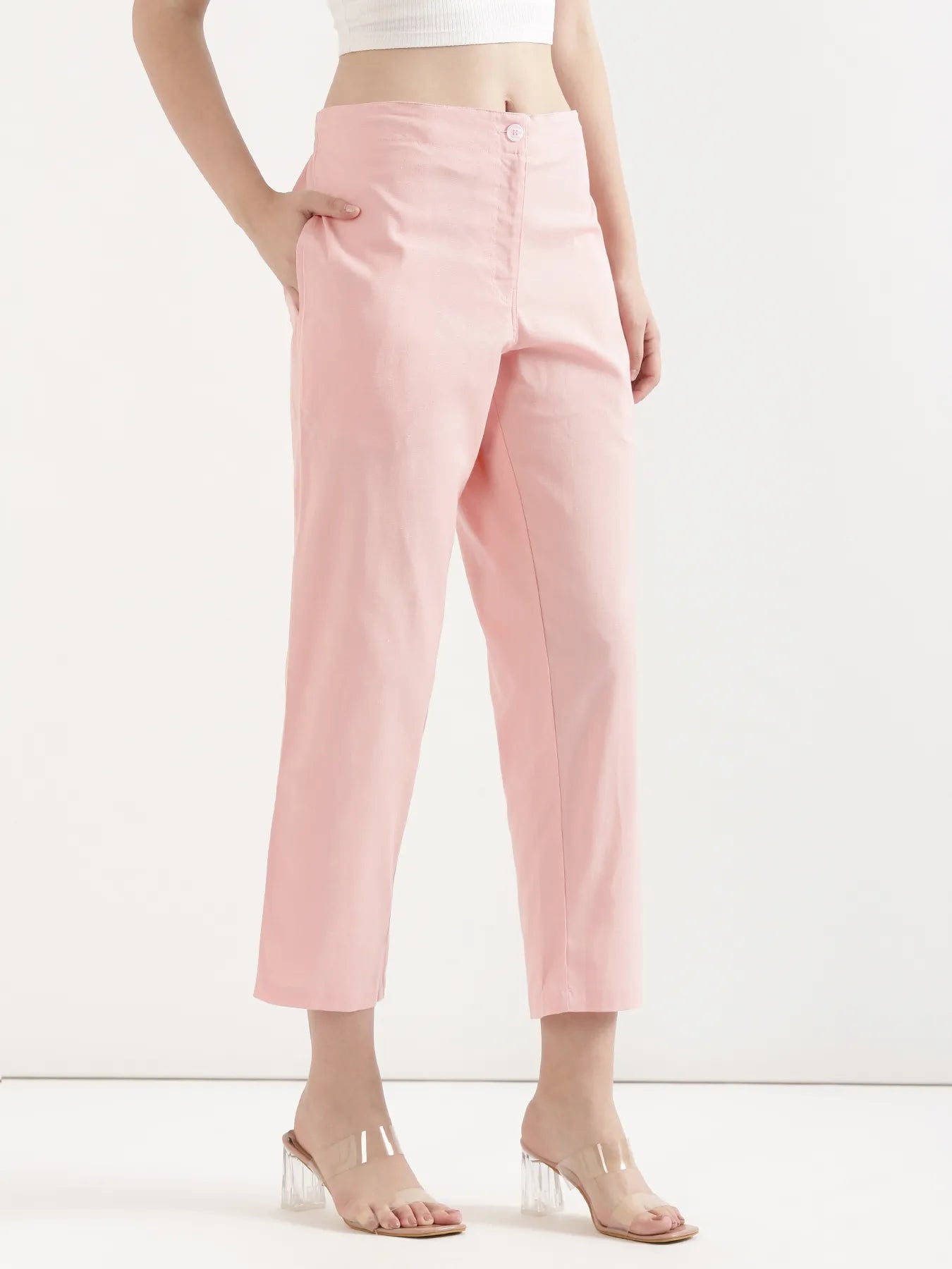 Women Salmon Pink Airy Linen Straight Pants