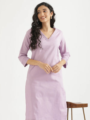 Women Lilac Airy Linen V-Neck Long Kurta