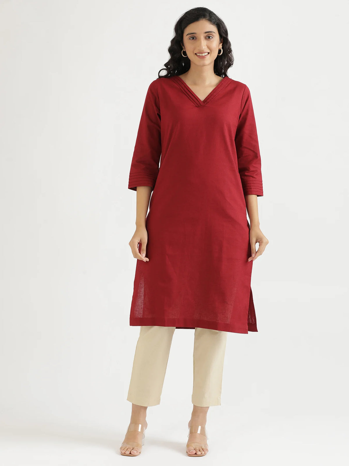 Women Maroon Airy Linen V-Neck Long Kurta