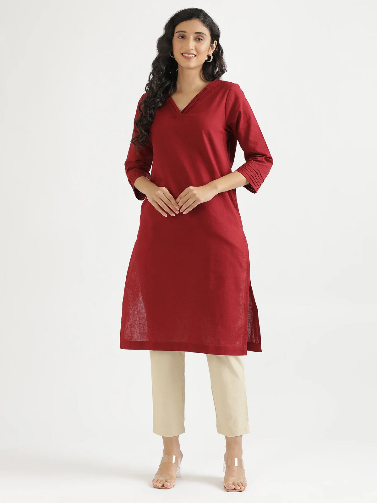 Women Maroon Airy Linen V-Neck Long Kurta