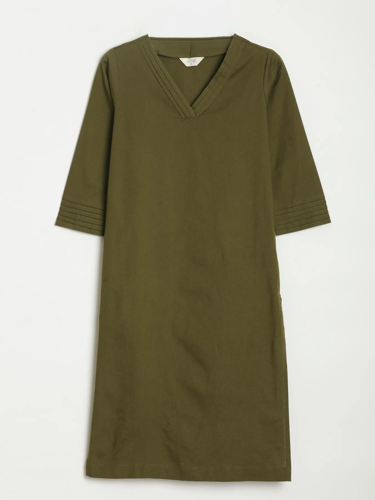 Women Olive Green Airy Linen V-Neck Long Kurta