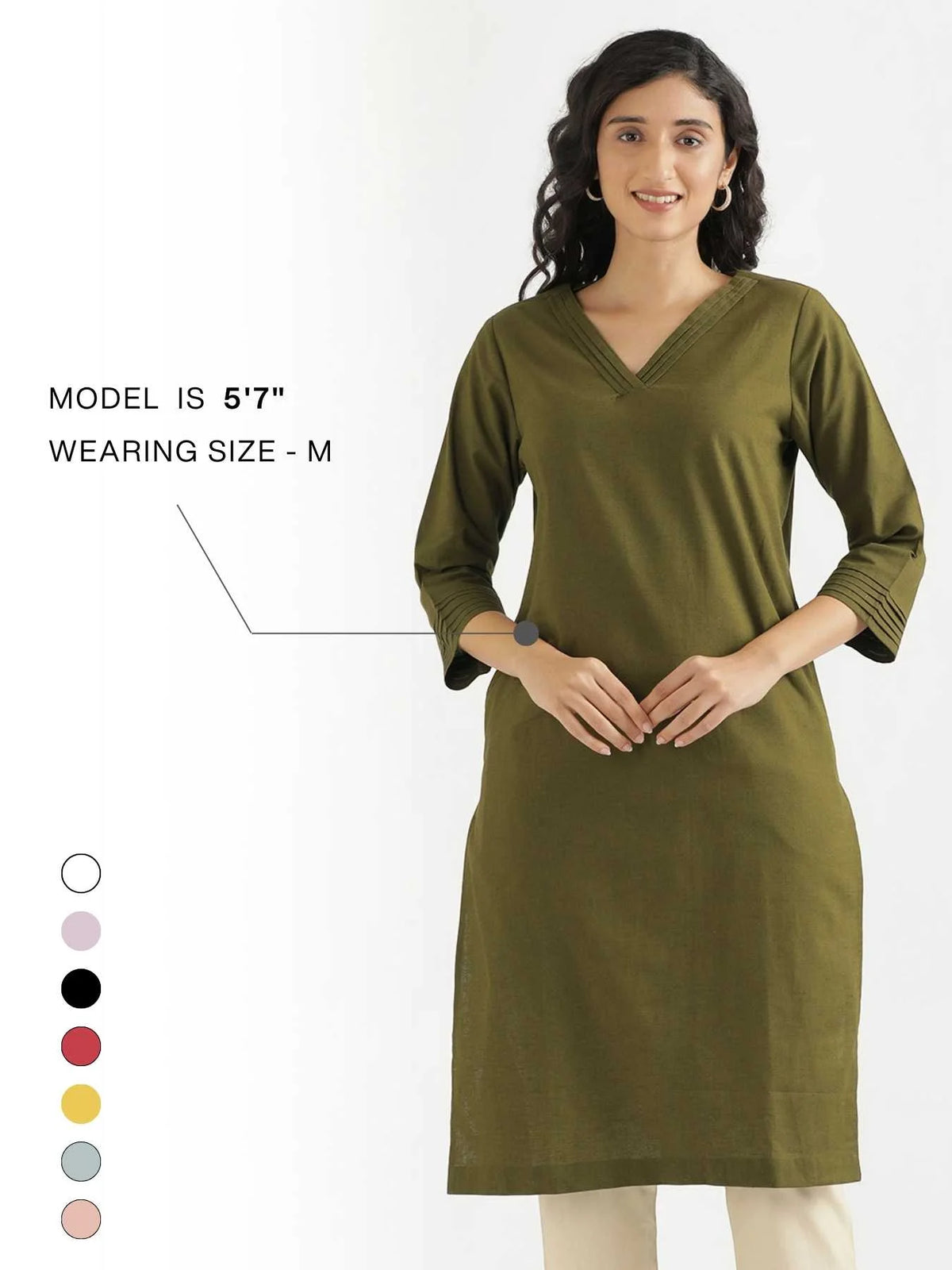 Women Olive Green Airy Linen V-Neck Long Kurta