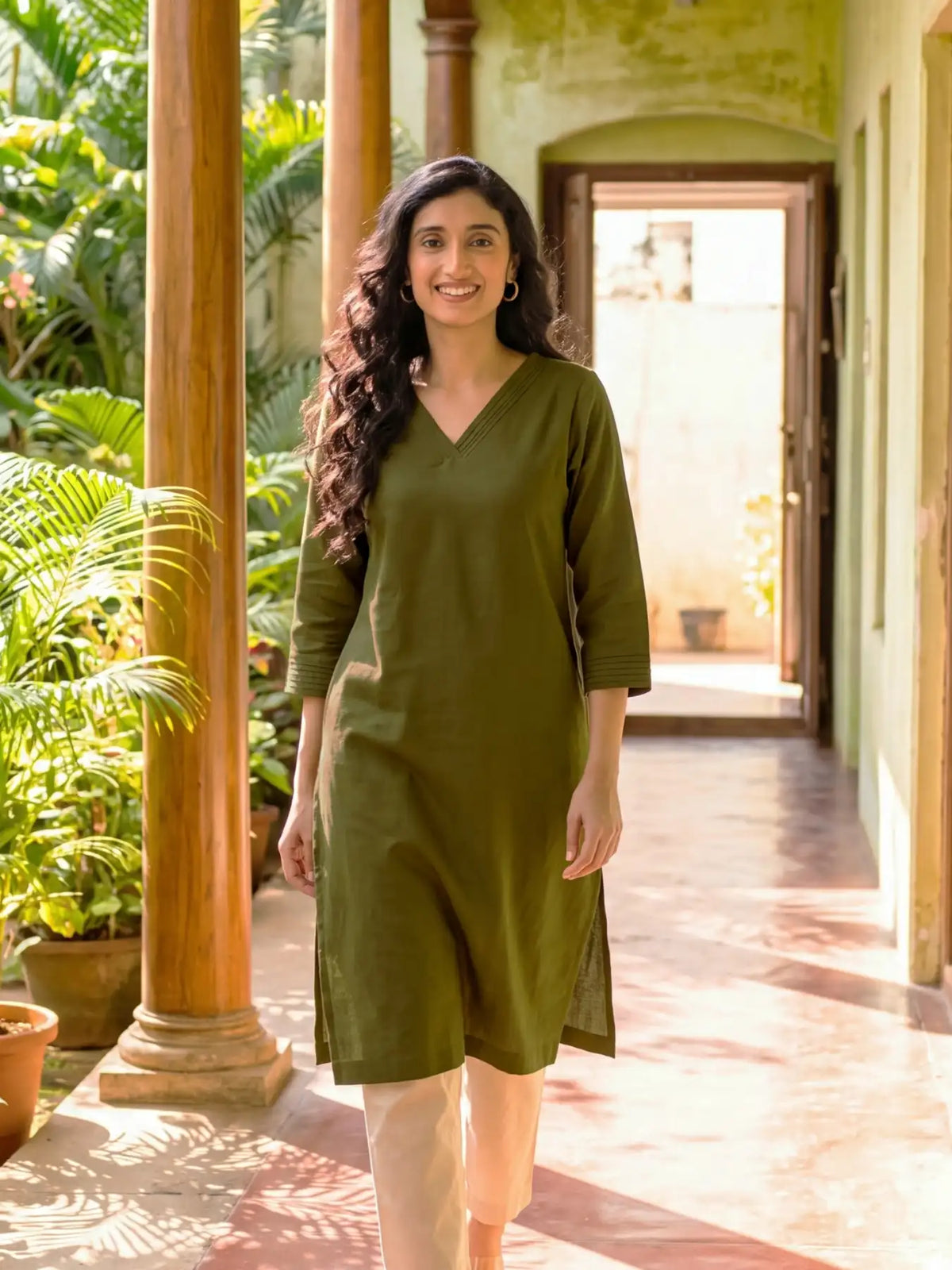 Women Olive Green Airy Linen V-Neck Long Kurta