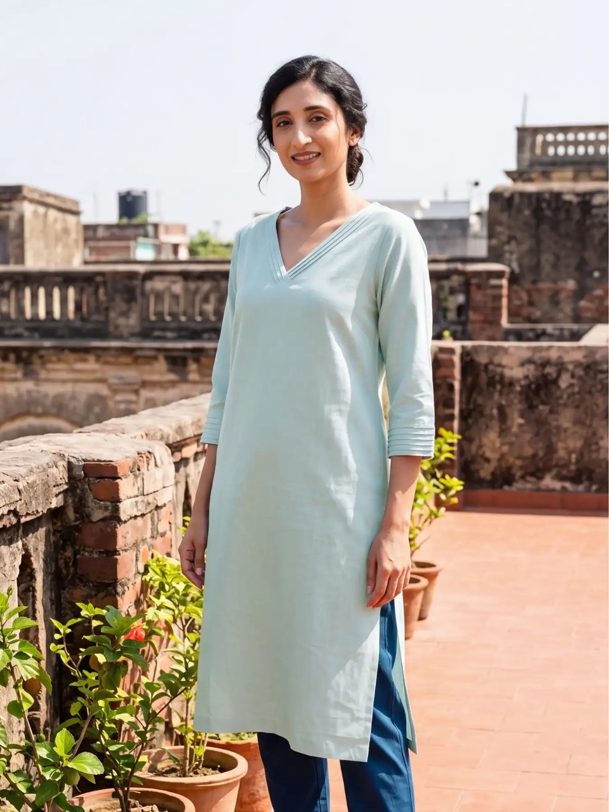 Women Sky Blue Airy Linen V-Neck Long Kurta