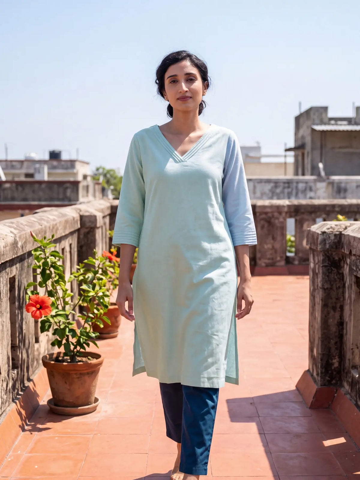 Women Sky Blue Airy Linen V-Neck Long Kurta