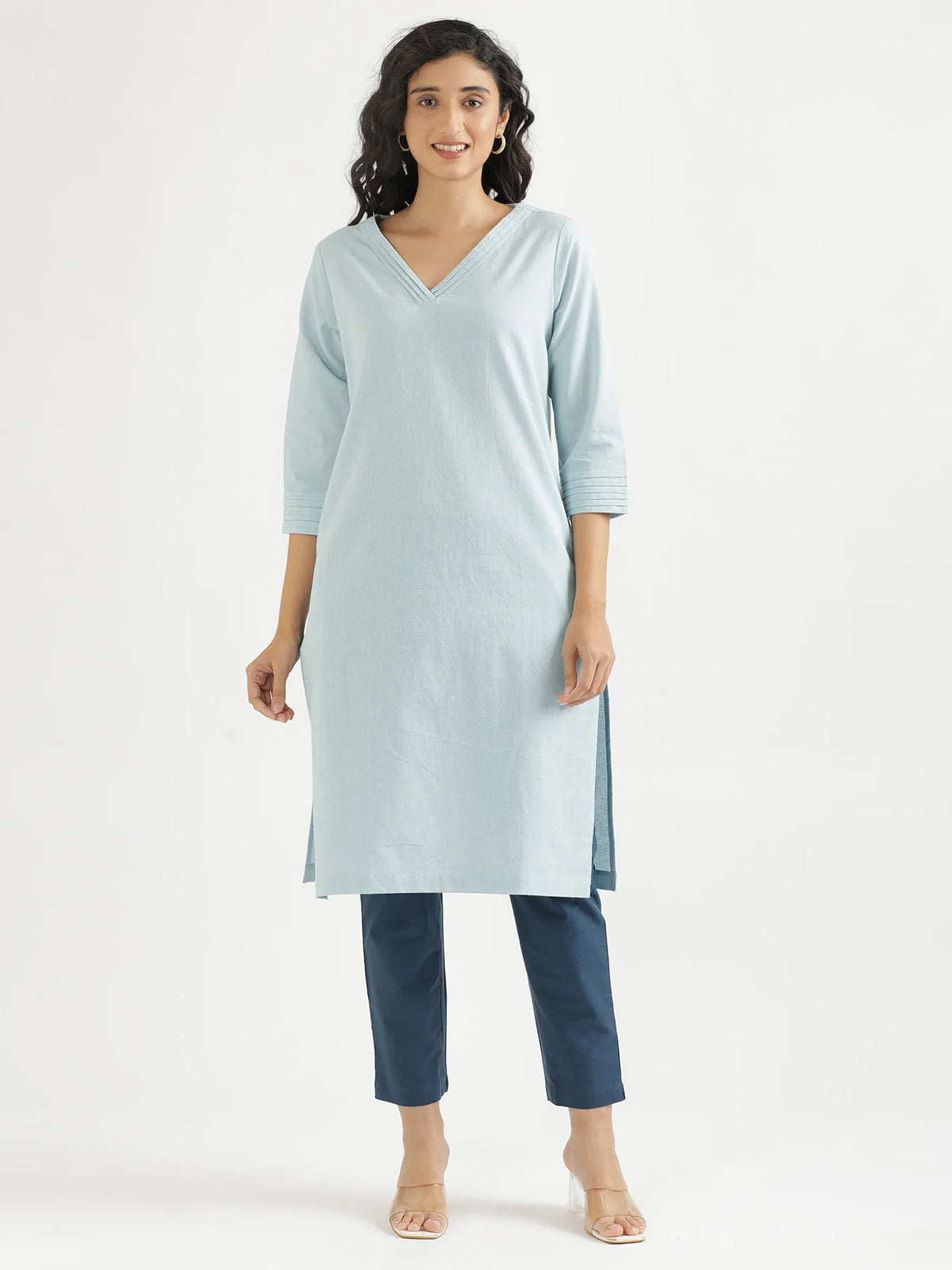Women Sky Blue Airy Linen V-Neck Long Kurta