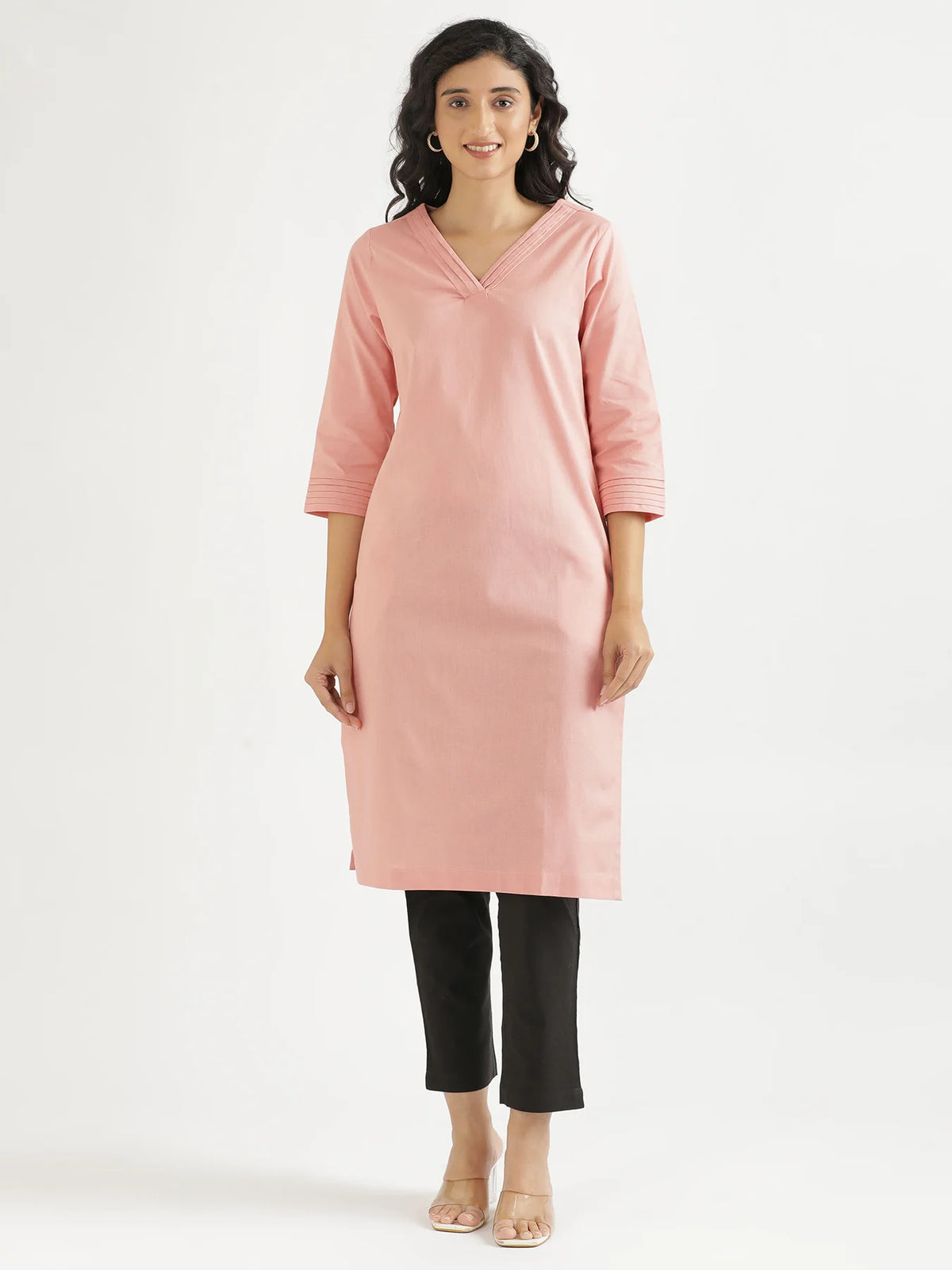 Women Salmon Pink Airy Linen V-Neck Long Kurta