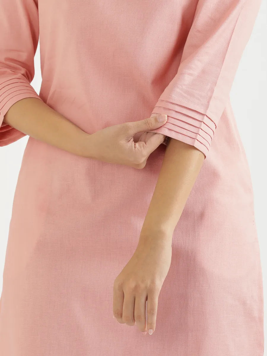 Women Salmon Pink Airy Linen V-Neck Long Kurta