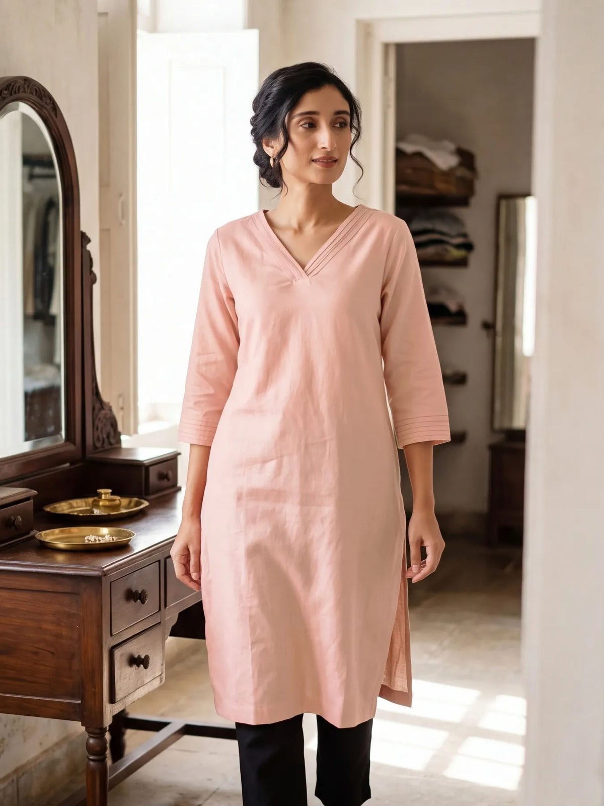 Women Salmon Pink Airy Linen V-Neck Long Kurta