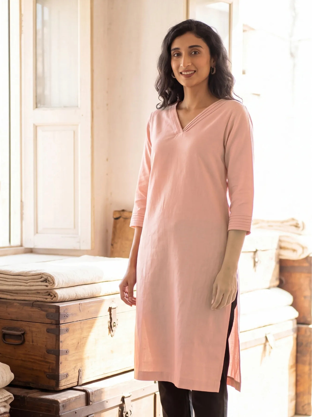 Women Salmon Pink Airy Linen V-Neck Long Kurta