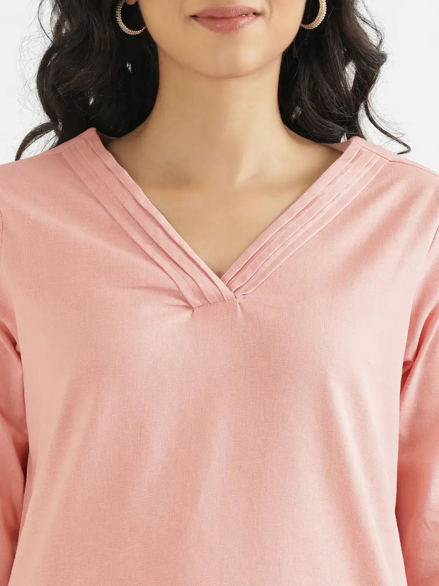 Women Salmon Pink Airy Linen V-Neck Long Kurta