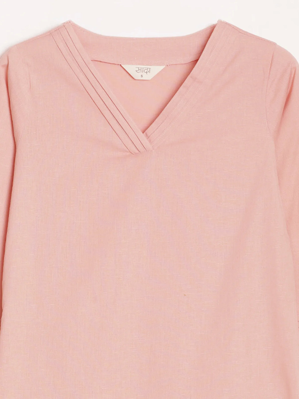 Women Salmon Pink Airy Linen V-Neck Long Kurta