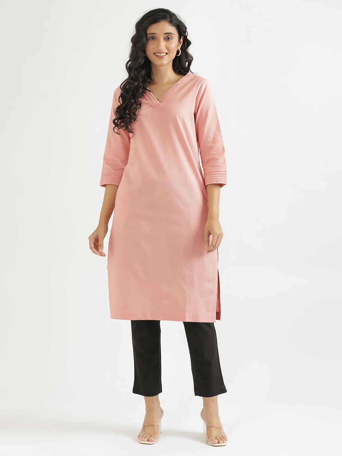 Women Salmon Pink Airy Linen V-Neck Long Kurta