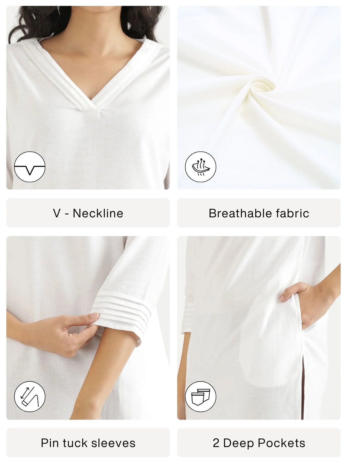 Women White Airy Linen V-Neck Long Kurta