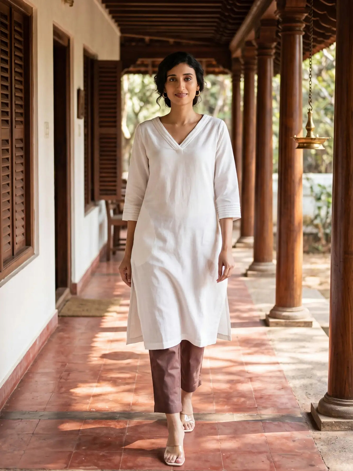 Women White Airy Linen V-Neck Long Kurta