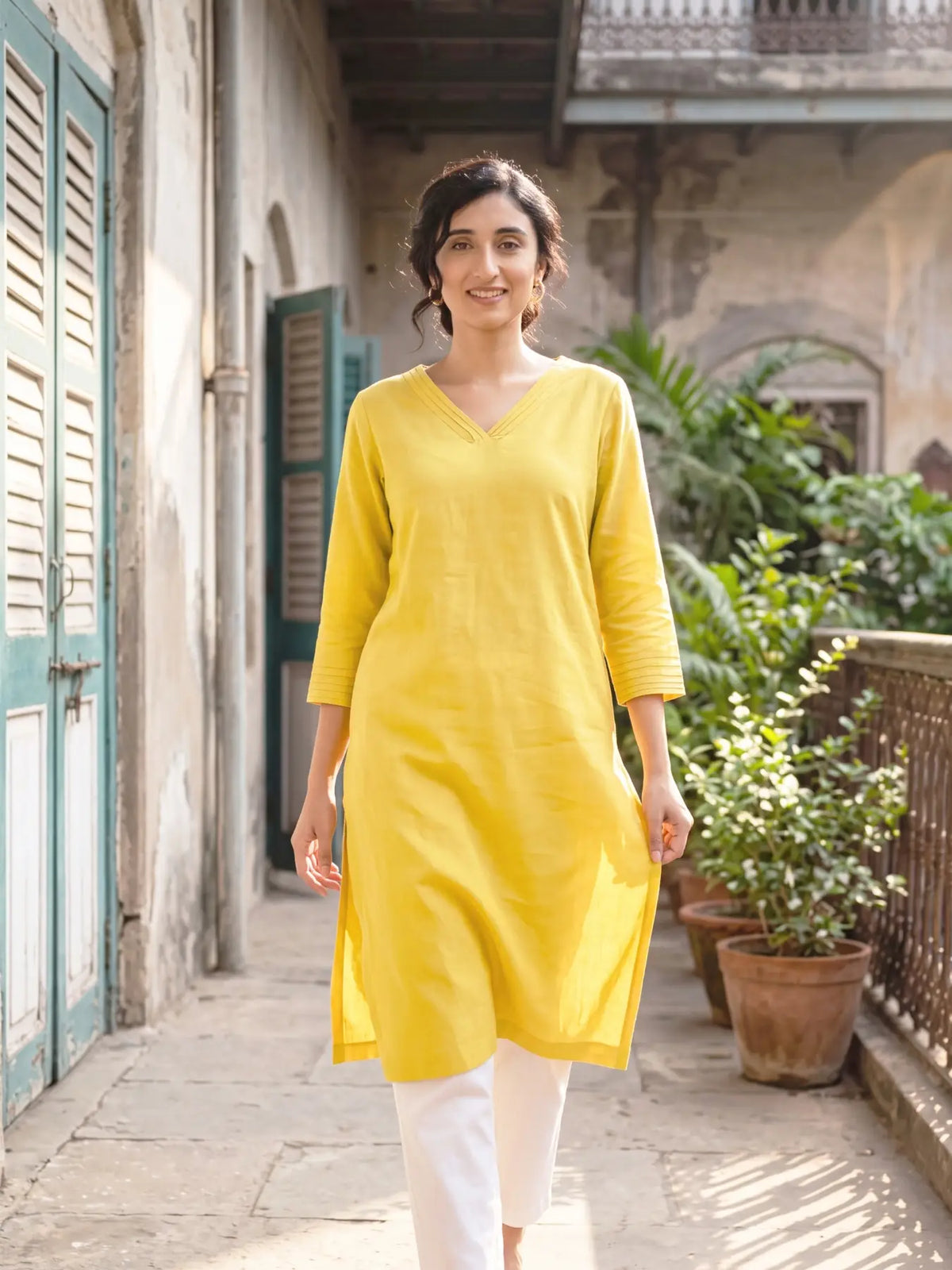 Women Yellow Airy Linen V-Neck Long Kurta