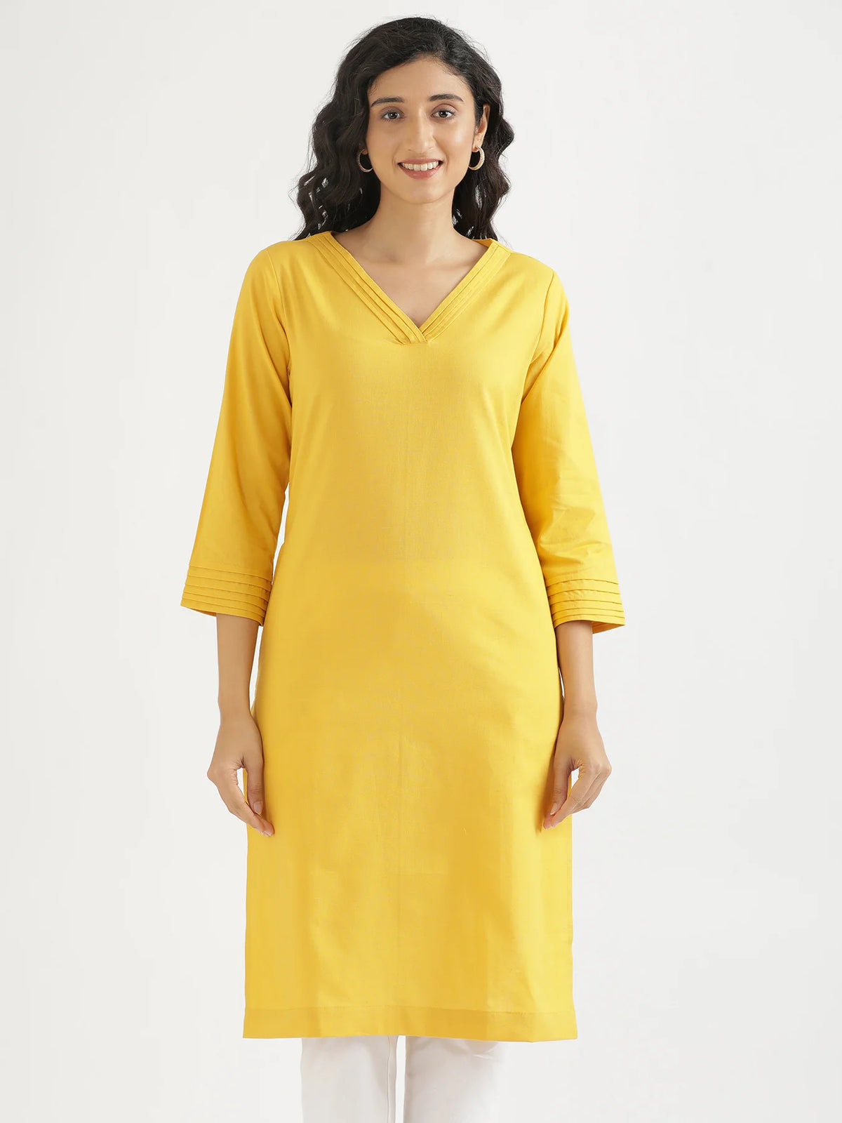 Women Yellow Airy Linen V-Neck Long Kurta