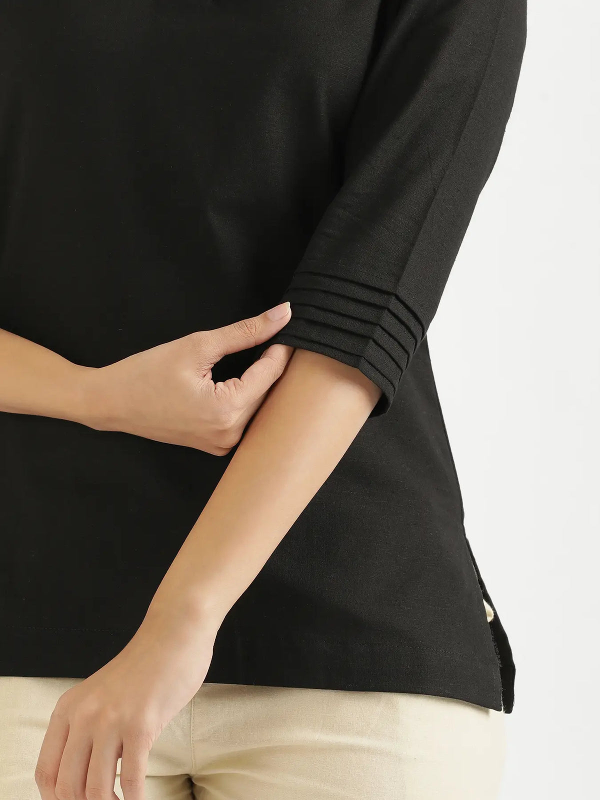 Women Black Airy Linen V-Neck Short Kurta