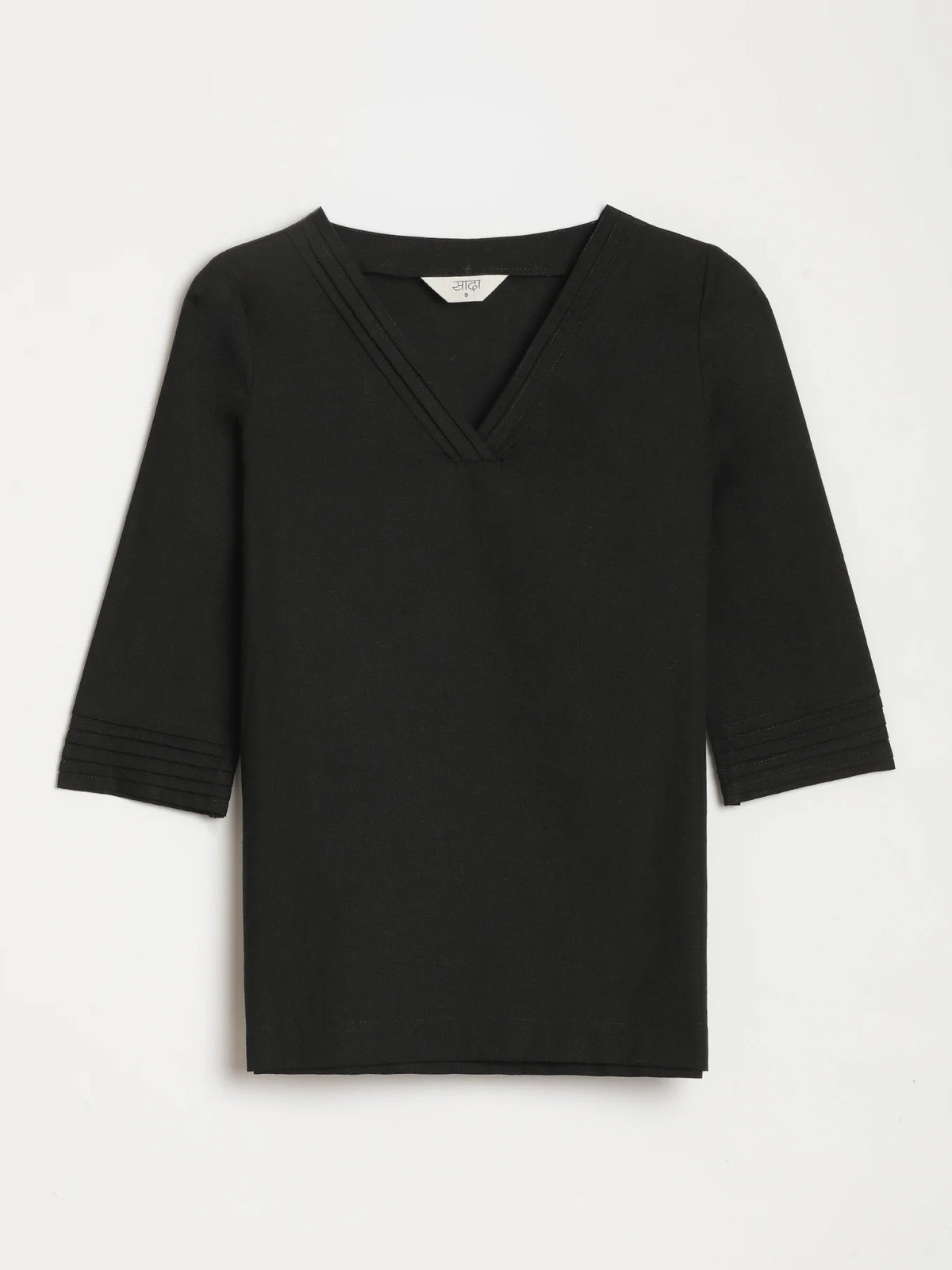 Women Black Airy Linen V-Neck Short Kurta