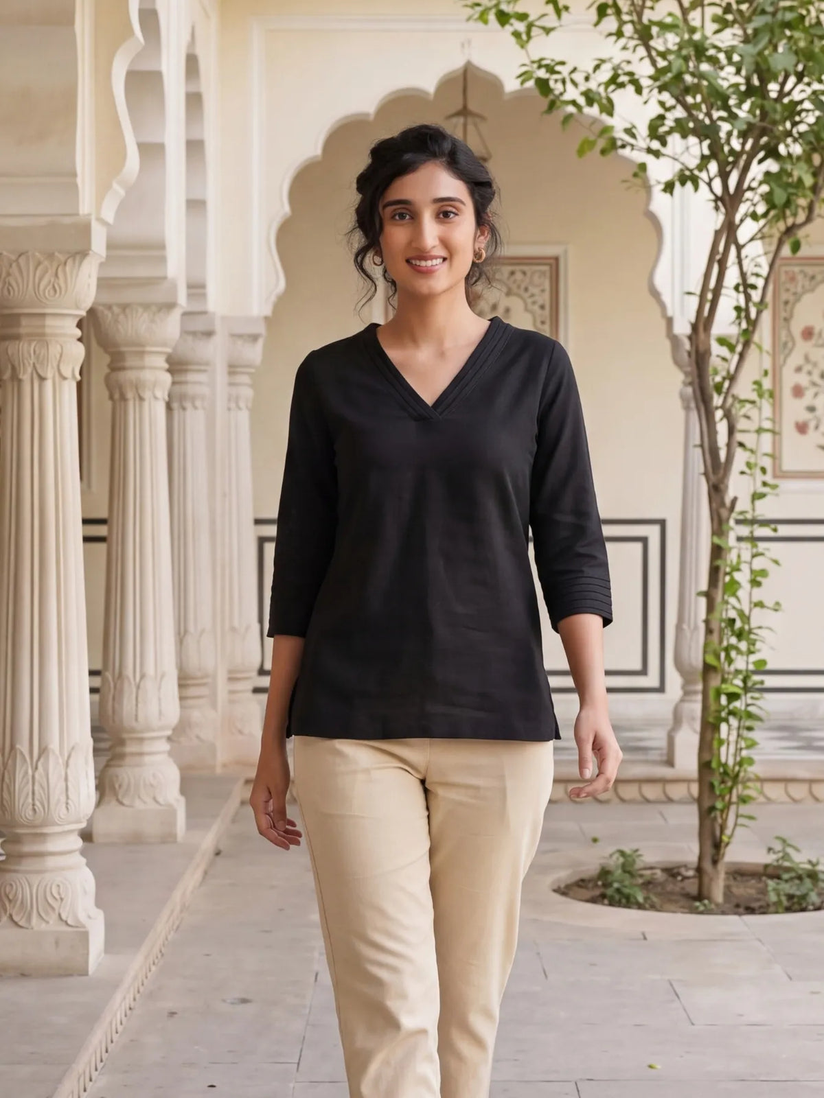 Women Black Airy Linen V-Neck Short Kurta