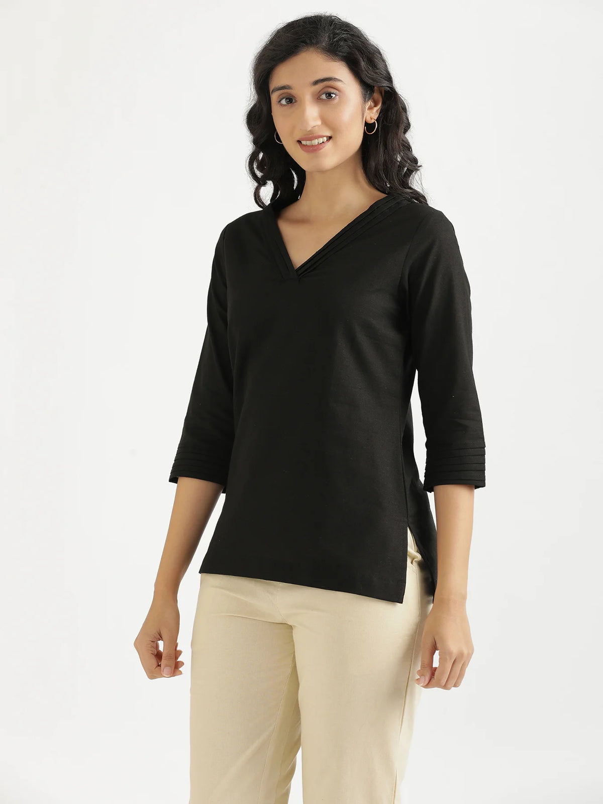 Women Black Airy Linen V-Neck Short Kurta
