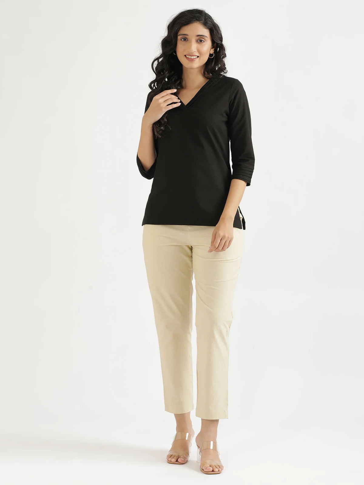 Women Black Airy Linen V-Neck Short Kurta