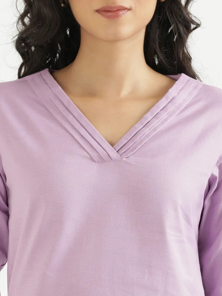 Women Lilac Airy Linen V-Neck Short Kurta