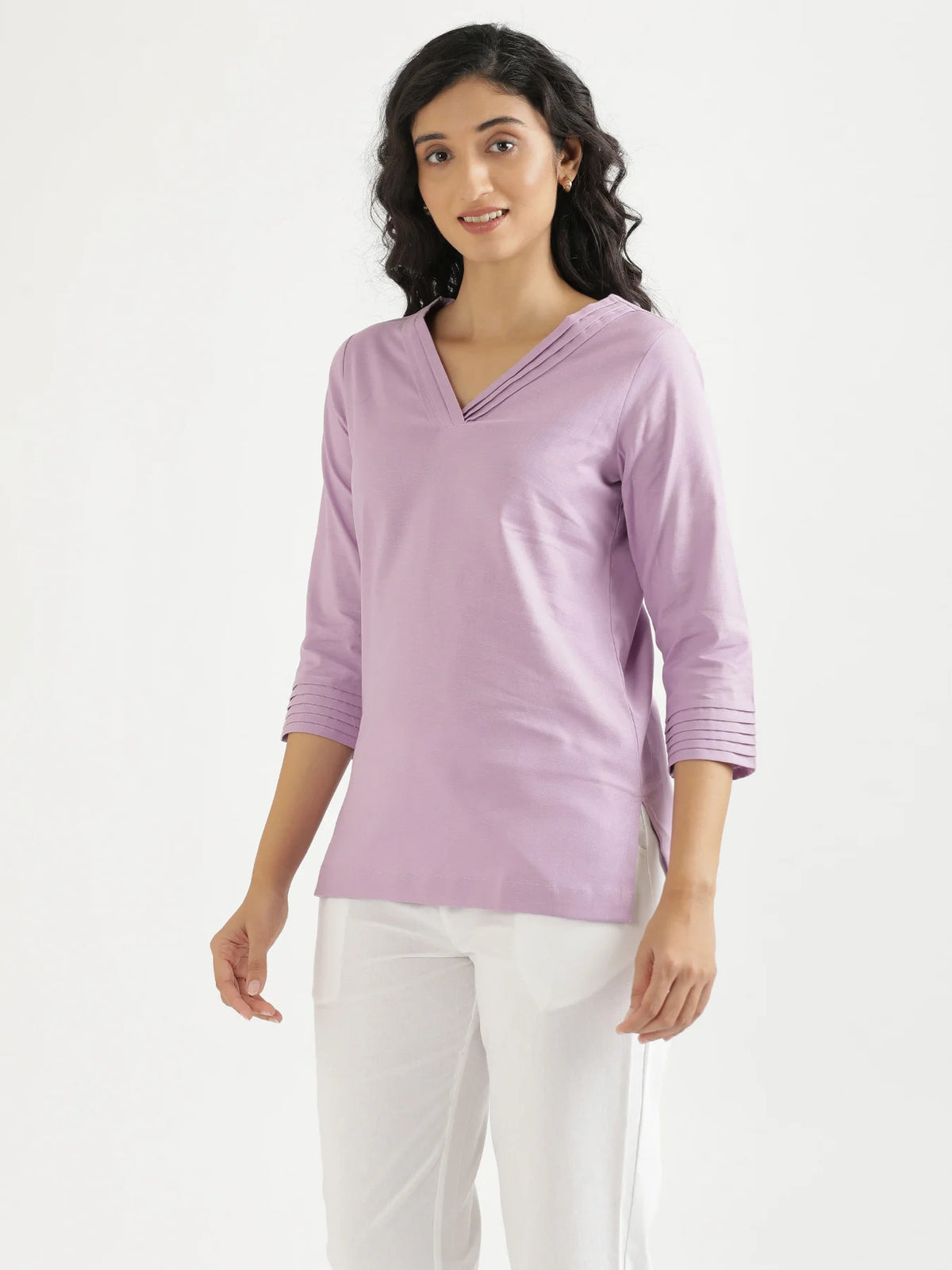 Women Lilac Airy Linen V-Neck Short Kurta