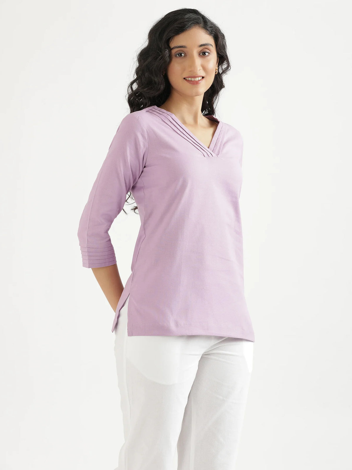 Women Lilac Airy Linen V-Neck Short Kurta