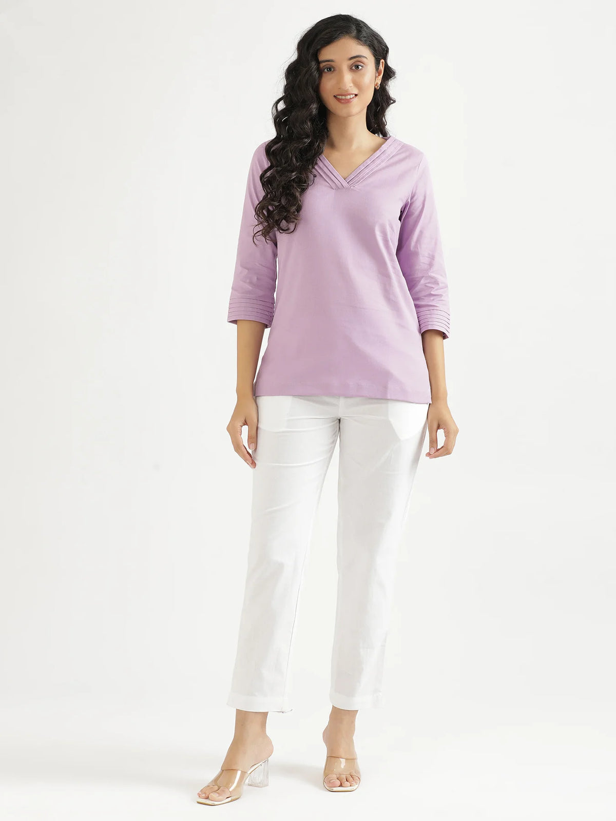 Women Lilac Airy Linen V-Neck Short Kurta