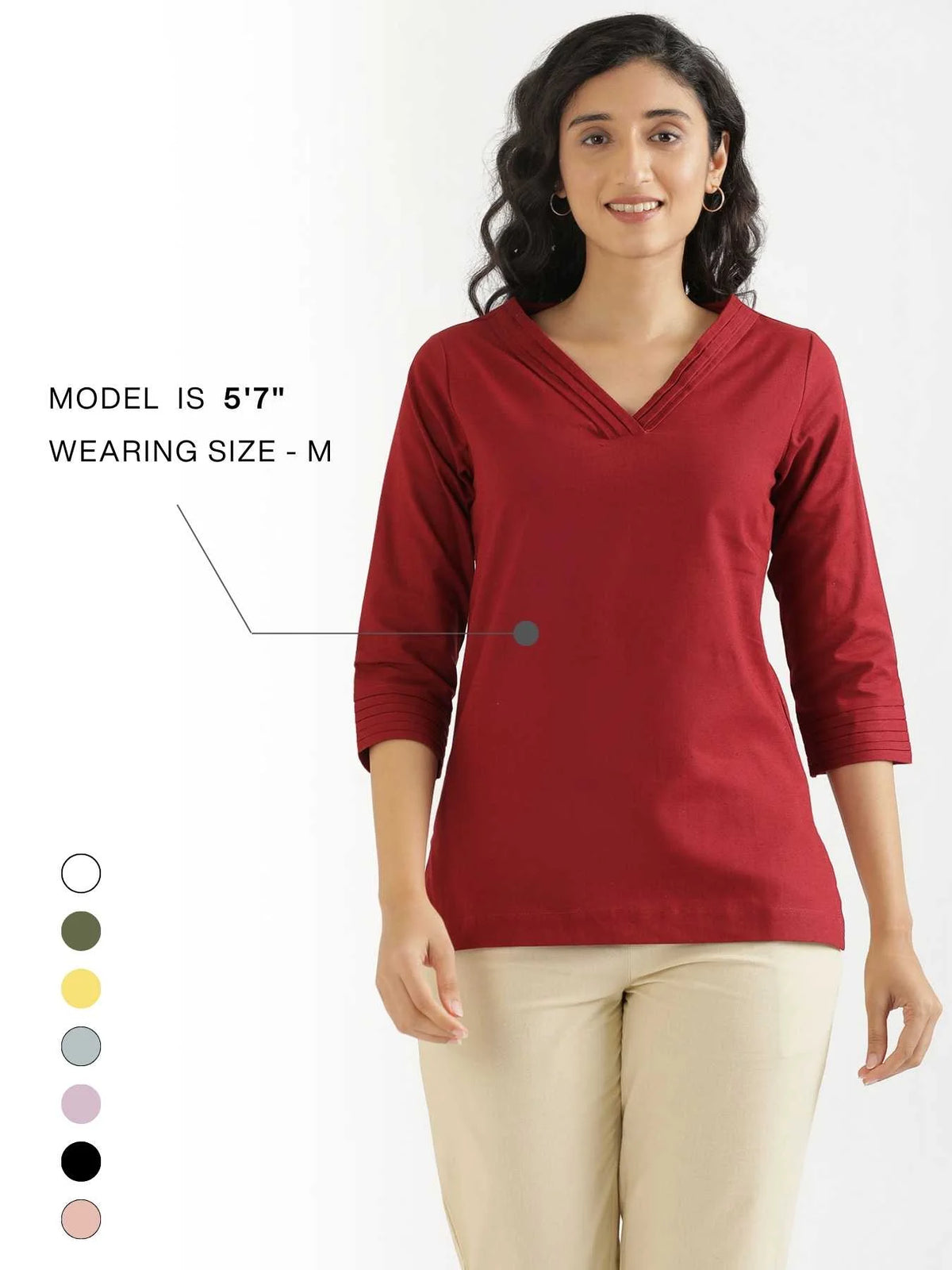 Women Maroon Airy Linen V-Neck Short Kurta