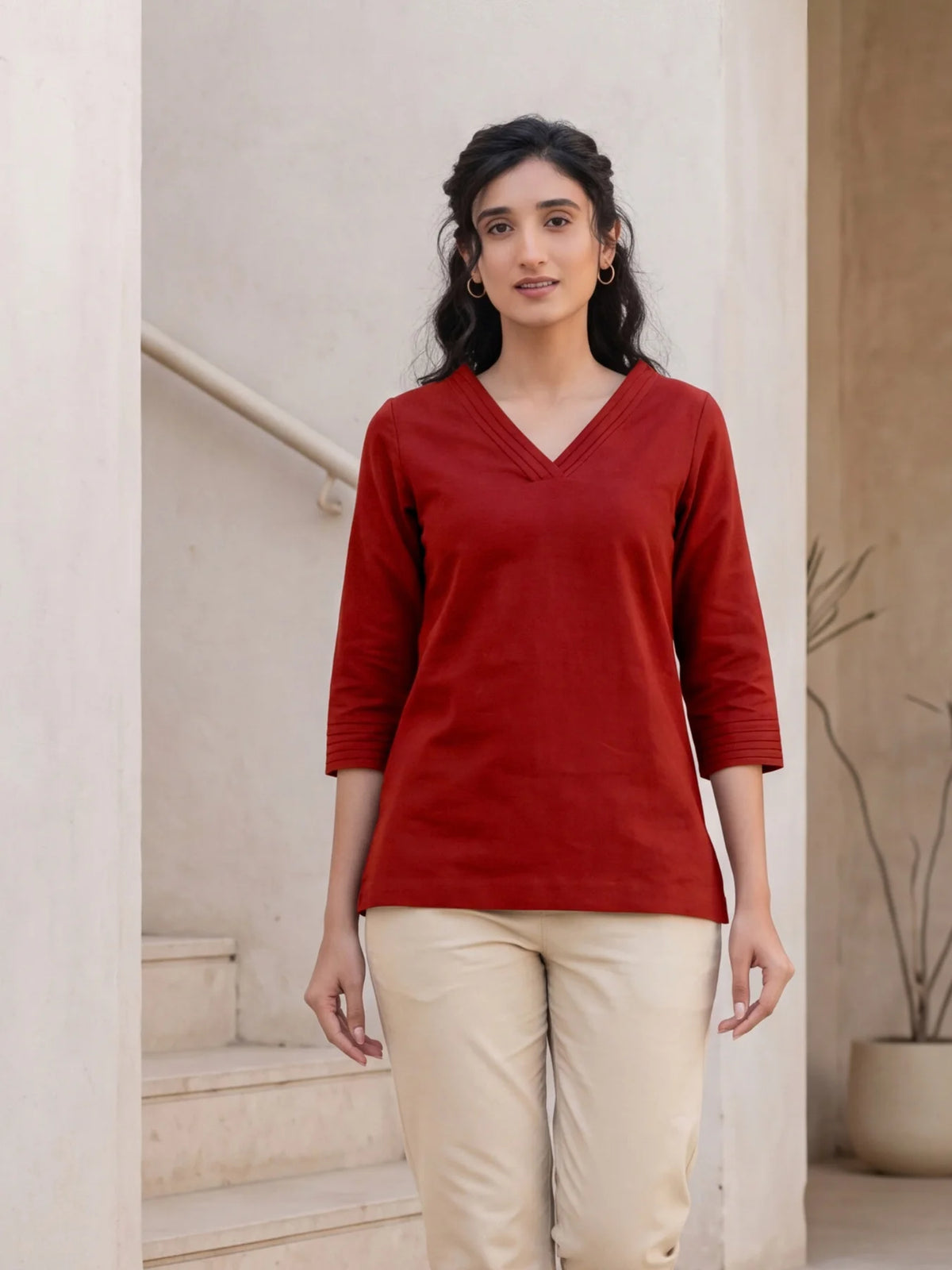 Women Maroon Airy Linen V-Neck Short Kurta