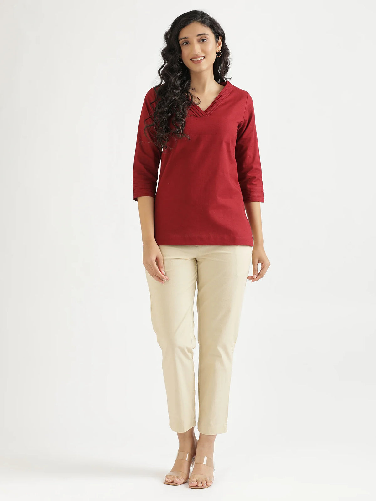 Women Maroon Airy Linen V-Neck Short Kurta