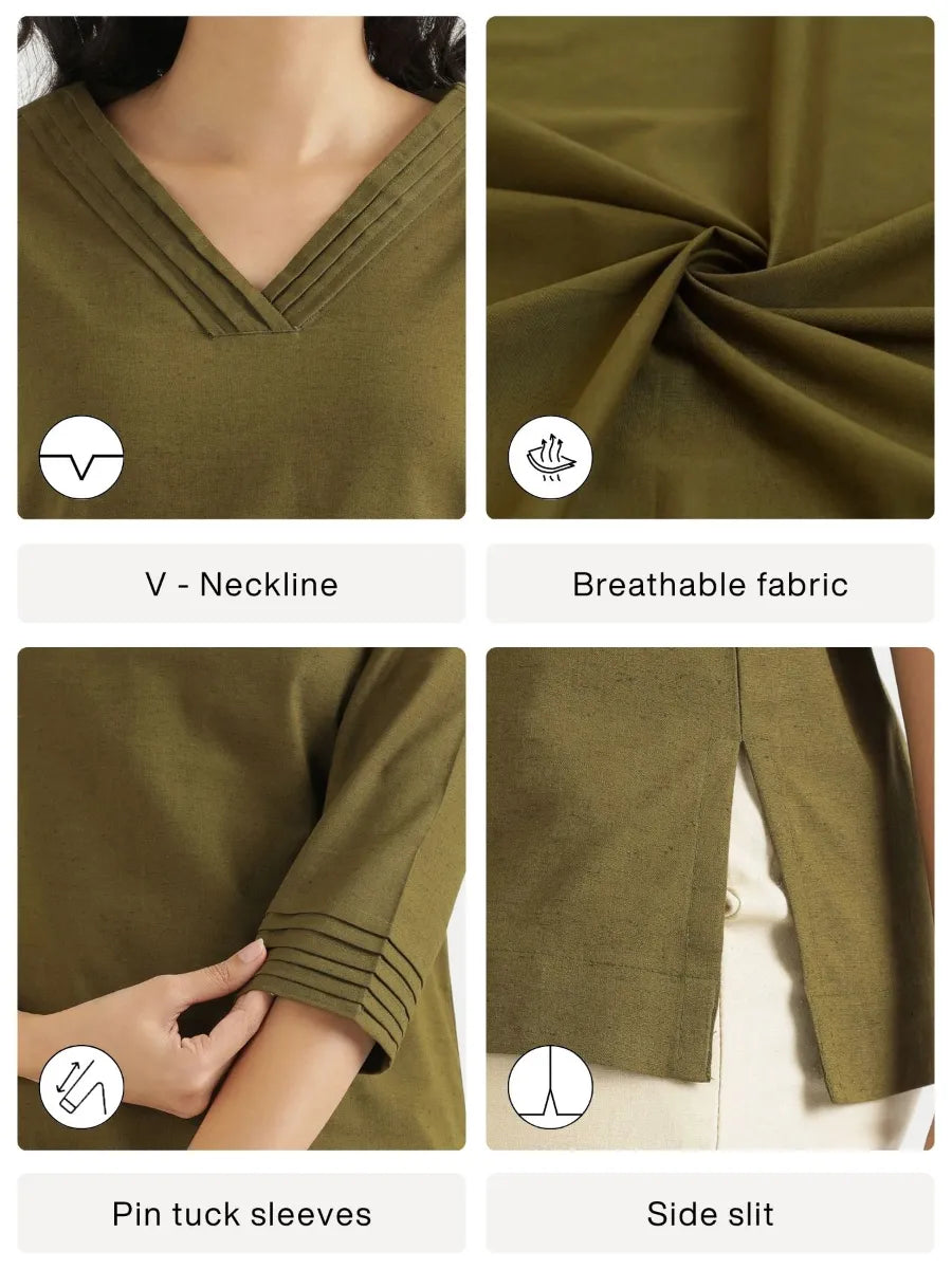 Women Olive Green Airy Linen V-Neck Short Kurta