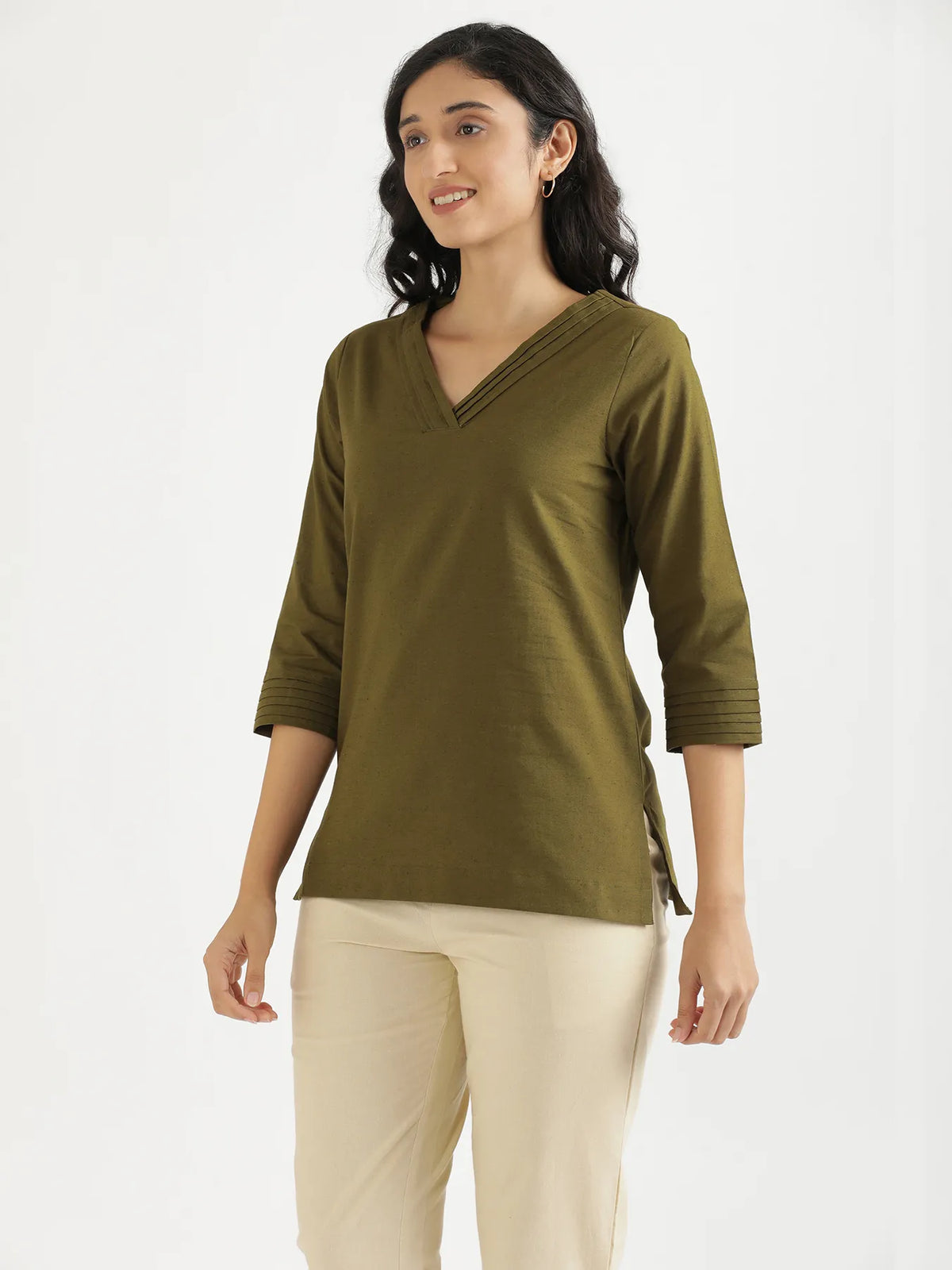 Women Olive Green Airy Linen V-Neck Short Kurta