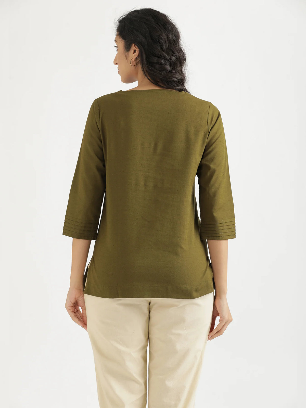Women Olive Green Airy Linen V-Neck Short Kurta